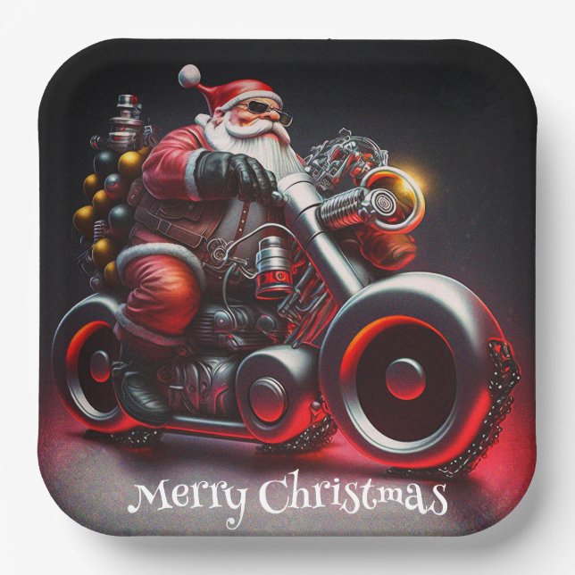 Christmas Motorcycle Biker Santa Paper Plates (Front)