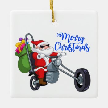 Christmas Motorcycle Santa Ceramic Ornament by funnychristmas at Zazzle