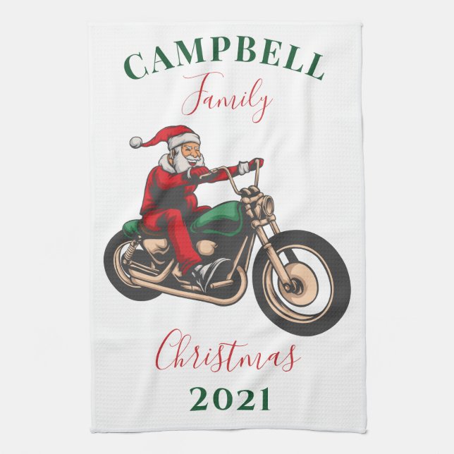 Christmas Motorcyclist Family Santa Kitchen Towel (Vertical)