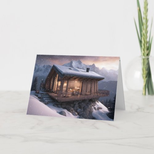 Christmas Mountain Cabin In Snowflakes Holiday Card