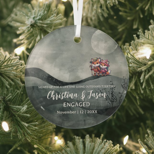 Christmas Mountain Hills Hiking  Couple Engagement Glass Ornament (Insitu)