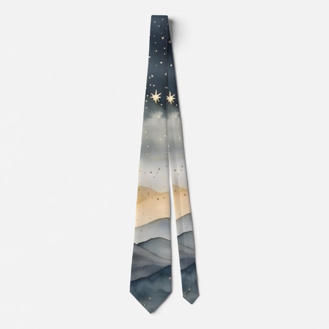 Christmas Mountain Sky Stars Blue Gray Neck Tie (Front)
