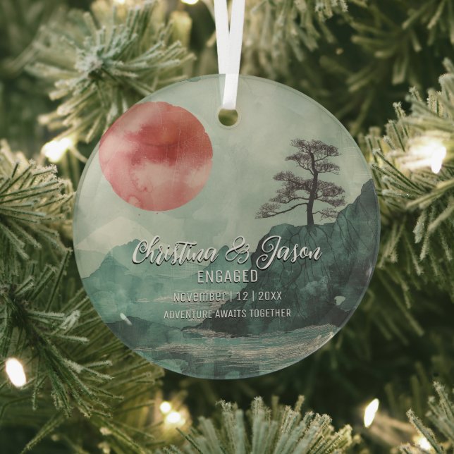 Christmas Mountain Sun Hiking Couple Engagement Glass Ornament (Insitu)