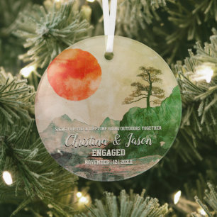Christmas Mountain Sun Hiking Couple Engagement Glass Ornament