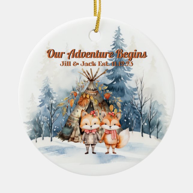 Christmas Mountain Watercolor Newlywed Couple Ceramic Ornament (Front)