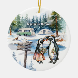 Christmas Mountain Watercolor Newlywed Couple Ceramic Ornament