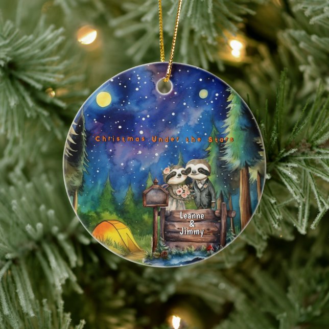 Christmas Mountain Watercolor Newlywed Couple Ceramic Ornament (Tree)
