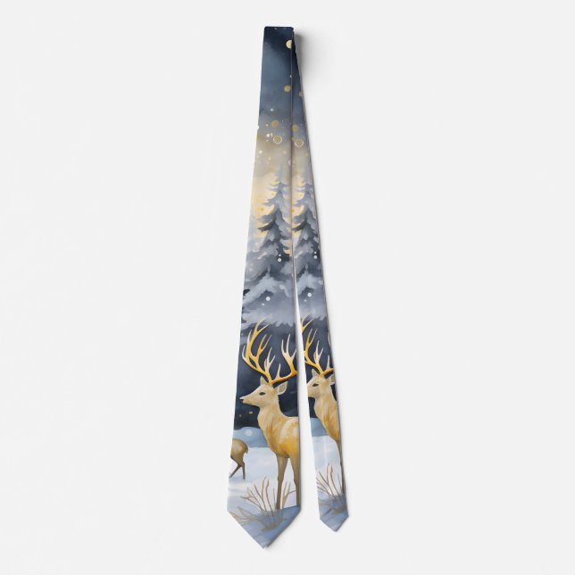 Christmas Mountains Trees Deer Stars Blue Gray Neck Tie (Front)