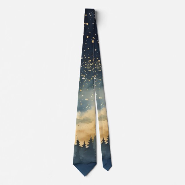 Christmas Mountains Trees Skyline Stars Blue Gray Neck Tie (Front)
