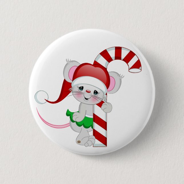 Christmas Mouse Candy Cane Pinback Button (Front)