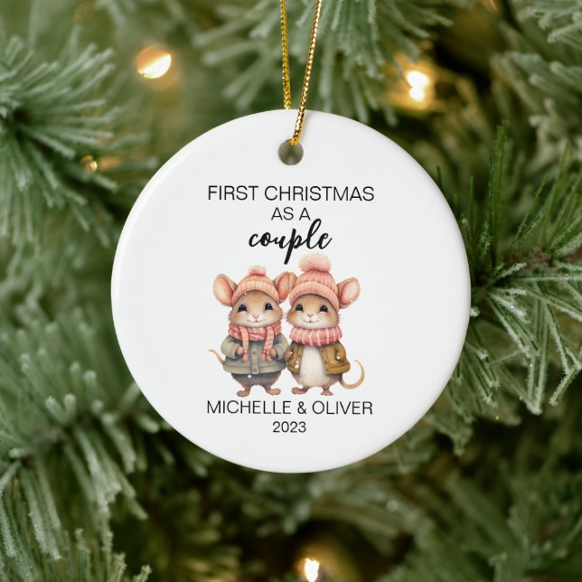 Christmas Mouse Couple Personalized Ceramic Ornament (Tree)