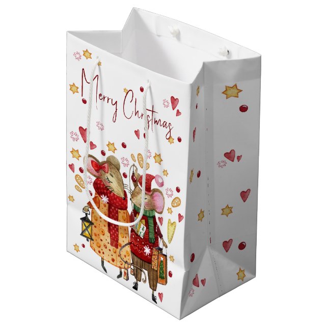 Christmas Mouse Couple with Lantern Medium Gift Bag (Front Angled)