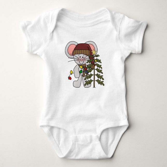 Christmas Mouse Decorating Tree Baby Bodysuit (Front)