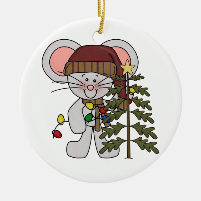 Christmas Mouse Decorating Tree Ceramic Ornament (Front)
