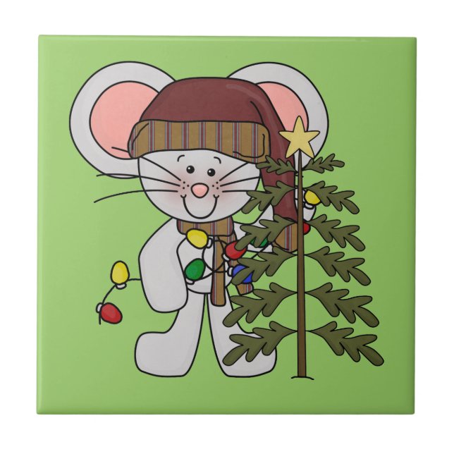 Christmas Mouse Decorating Tree Ceramic Tile (Front)