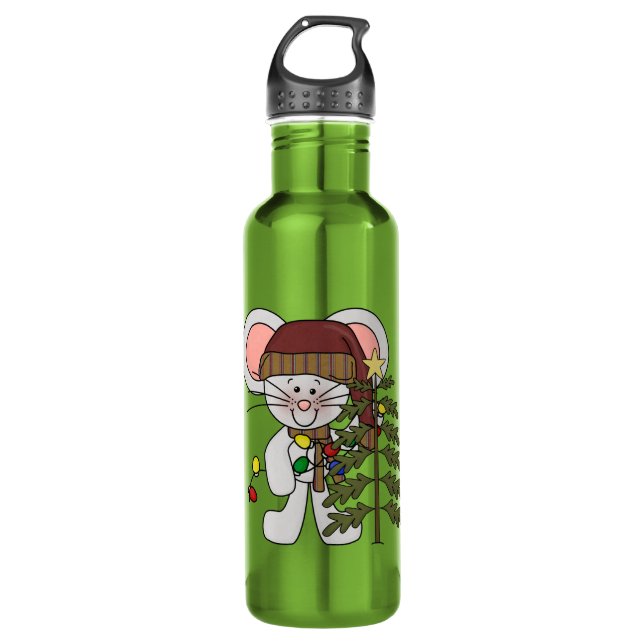Christmas Mouse Decorating Tree Water Bottle (Front)