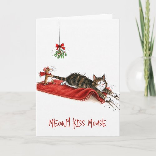 Christmas Mouse Dragging a Cat Under a Mistletoe Card