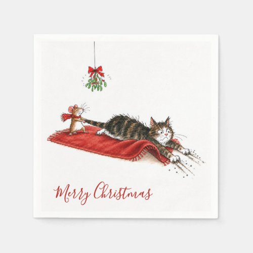 Christmas Mouse Dragging a Cat Under a Mistletoe Napkins