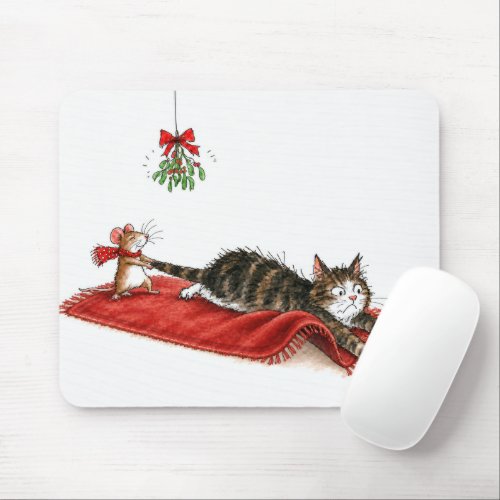 Christmas Mouse Dragging a Cat Under a Mistletoe Pad