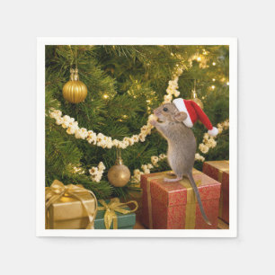 Christmas Mouse Eating Popcorn Garland on Tree Napkins