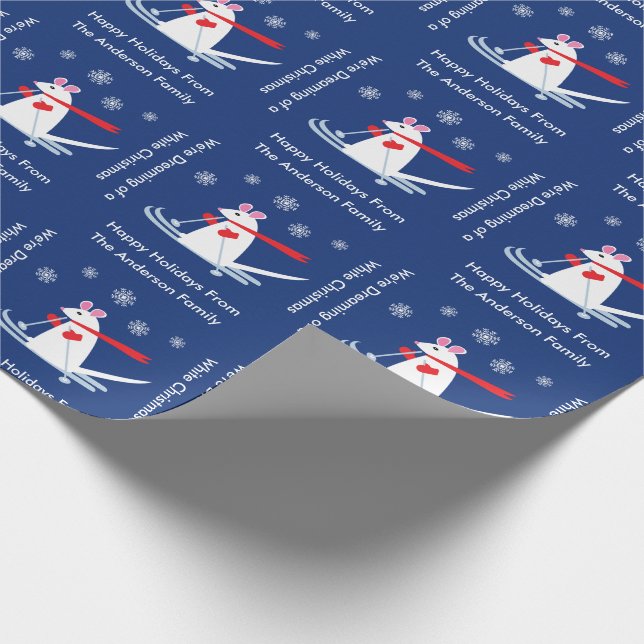 Christmas Mouse goes Skiing Custom Texts Wrapping Paper (Corner)