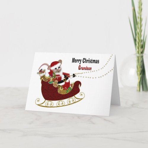 CHRISTMAS MOUSE Grandson Mouse Driving Sleigh Card