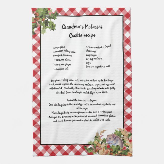 Christmas Mouse Holy Recipe Keepsake Red Plaid  Kitchen Towel (Vertical)
