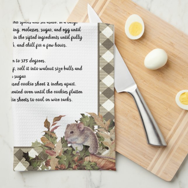 Christmas Mouse Holy Recipe Keepsake Tan  Plaid  Kitchen Towel (Quarter Fold)