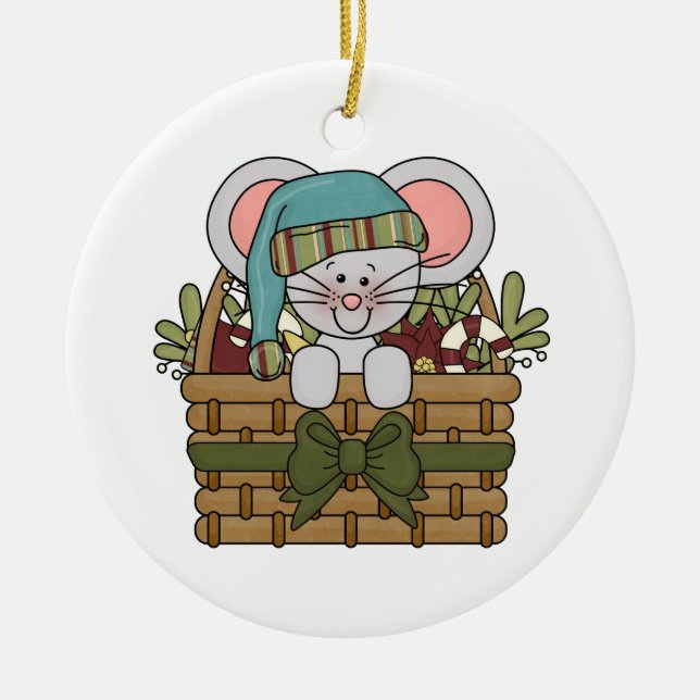 Christmas Mouse in Basket Ceramic Ornament (Front)