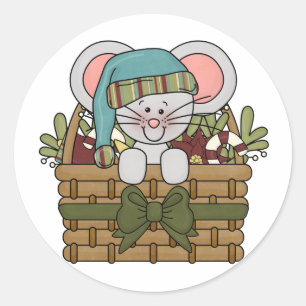 Christmas Mouse in Basket Classic Round Sticker
