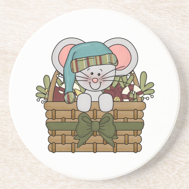 Christmas Mouse in Basket Drink Coaster (Front)