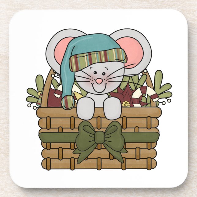 Christmas Mouse in Basket Drink Coaster (Front)