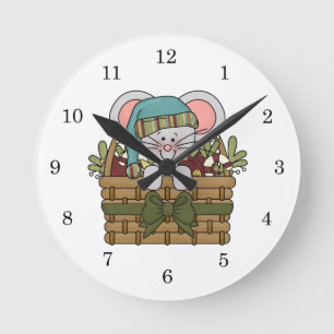 Christmas Mouse in Basket Round Clock