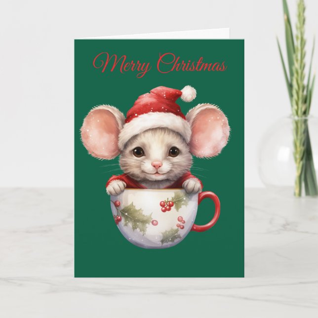 Christmas Mouse in Teacup Holiday Card (Front)