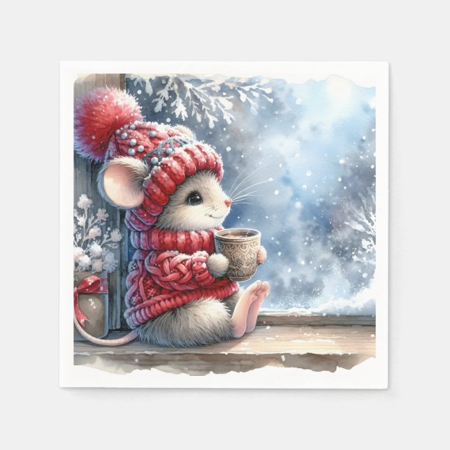 Christmas Mouse In Window With Hot Cocoa Napkins (Front)