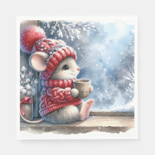 Christmas Mouse In Window With Hot Cocoa Napkins