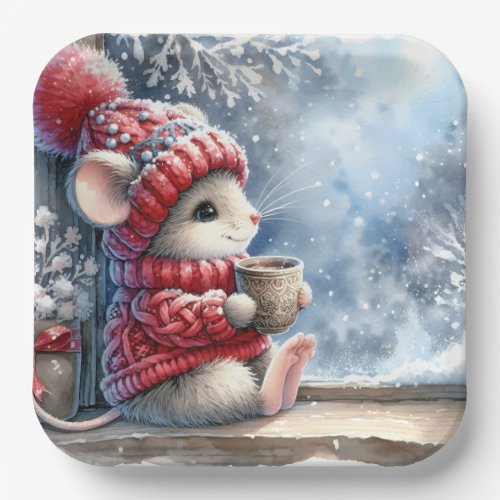 Christmas Mouse In Window With Hot Cocoa Paper Plates