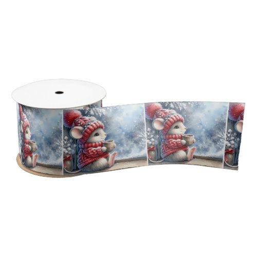 Christmas Mouse In Window With Hot Cocoa Satin Ribbon