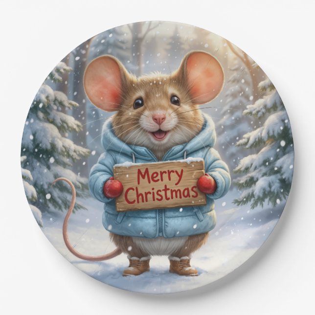 Christmas Mouse In Winter Forest Paper Plates (Front)