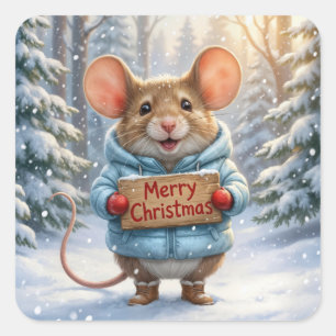 Christmas Mouse In Winter Forest Square Sticker