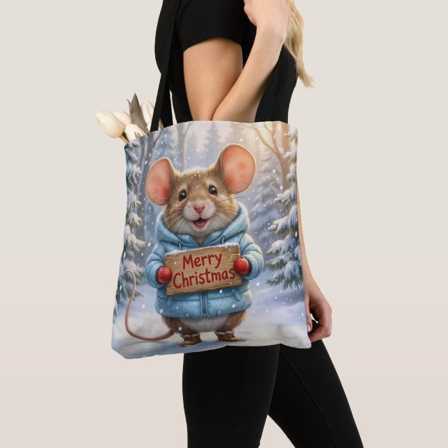 Christmas Mouse In Winter Forest Tote Bag (Close Up)