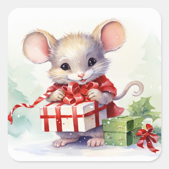 Christmas Mouse On White Square Sticker (Front)