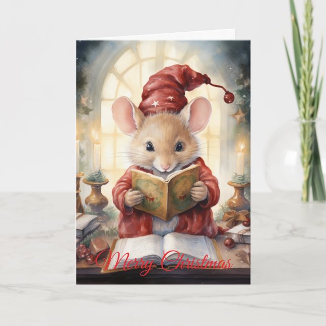 Christmas Mouse reading Holiday Card (Front)