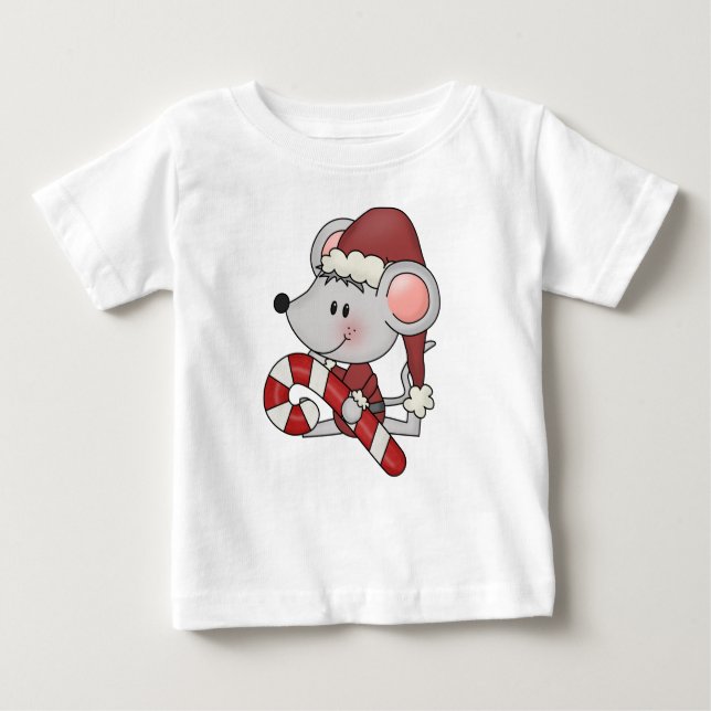 Christmas Mouse With Candy Cane Baby T-Shirt (Front)