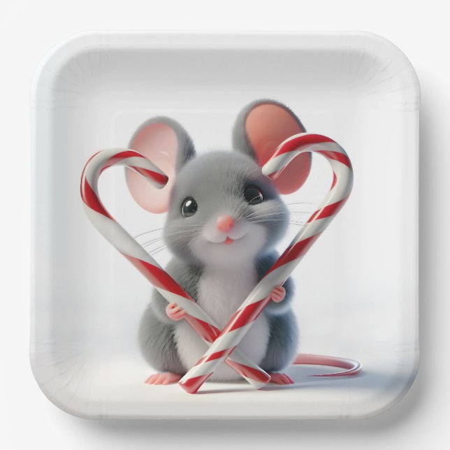 Christmas Mouse With Candy Cane Heart Paper Plates (Front)