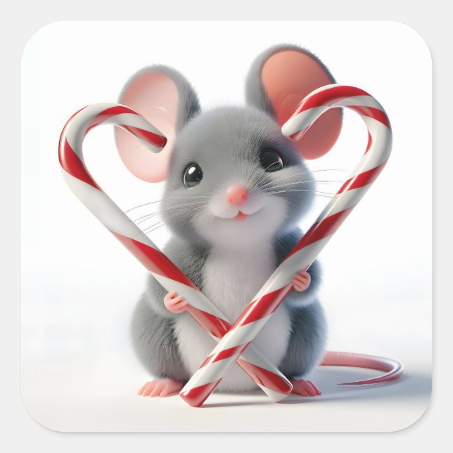 Christmas Mouse With Candy Cane Heart Square Sticker (Front)