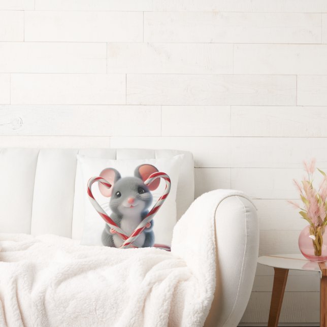 Christmas Mouse With Candy Cane Heart Throw Pillow (Couch)