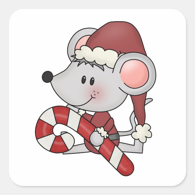 Christmas Mouse With Candy Cane Square Sticker (Front)