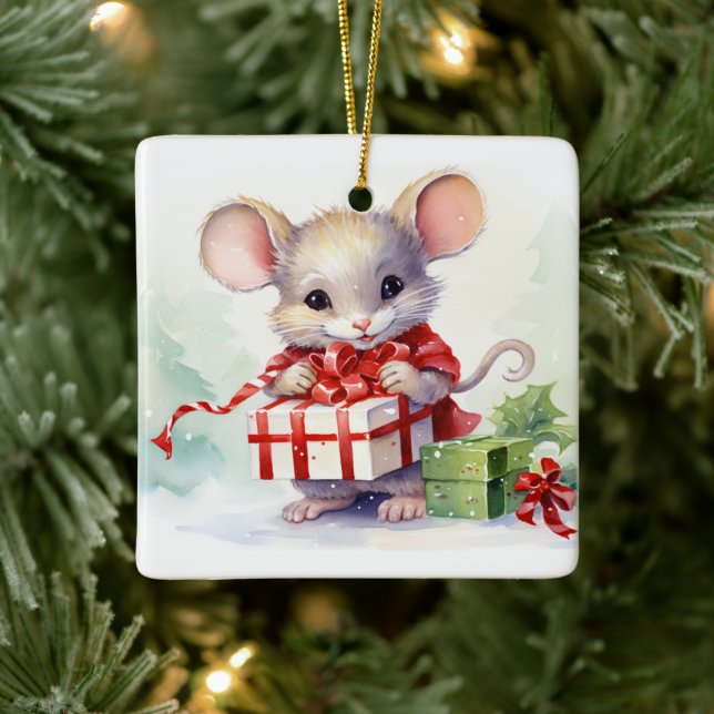 Christmas Mouse With Gift Ceramic Ornament (Tree)