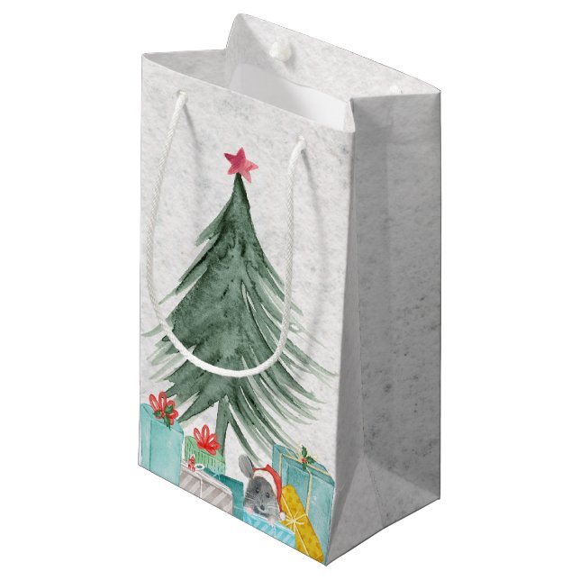 Christmas Mouse with Gifts   Small Gift Bag (Front Angled)